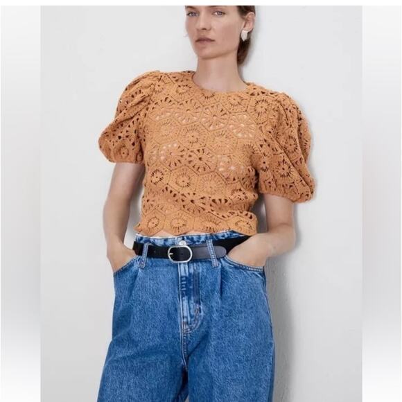 Zara crochet knit top puffy sleeves burnt orange/brown color Womens size small - Picture 7 of 7